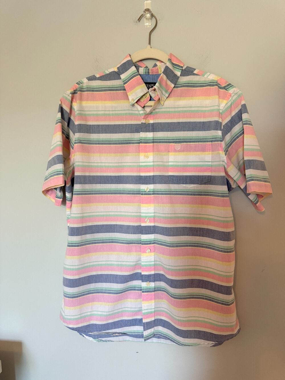 Chaps Mens Pastel Stripe Button Up Shirt Size Large Pink Blue Yellow Stretch